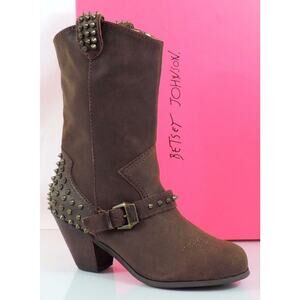 Women's Betsey Johnson Yendell Studded Mid Calf Western Boots Suede Brown Size 9